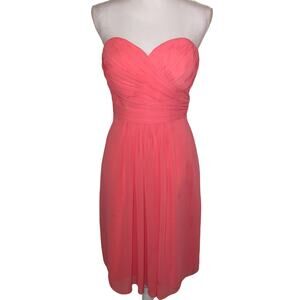 Bill Levkoff Dress Formal Bridesmaid Mini Strapless Pleated Coral Pink, Size 8